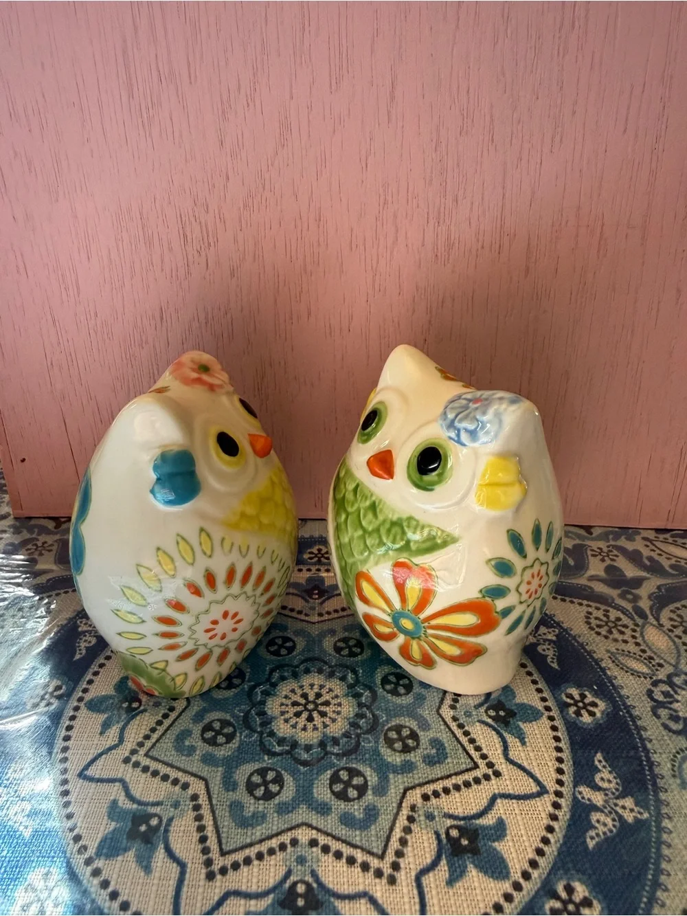 Vintage Cute Ceramic Owl Salt and Pepper Shakers - Yellow & Green